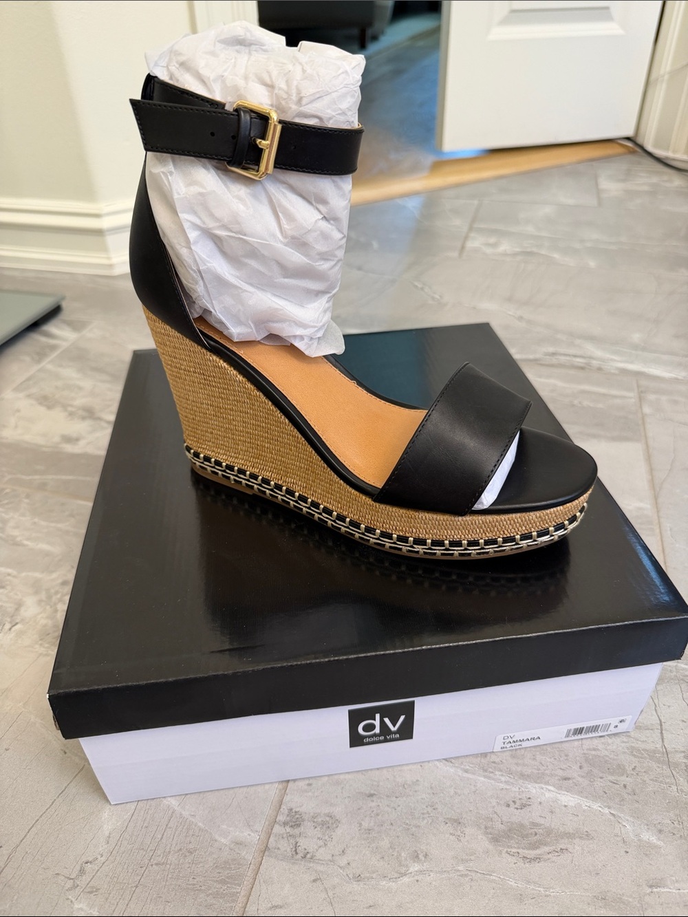 DV by Dolce Vita Black and Tan Wedge Sandals with Ankle Strap